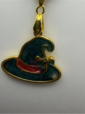 Gold Witch Hat Pendant Necklace - Teal and Red Accent